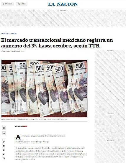 El mercado transaccional mexicano registra un aumento del 3% hasta octubre, segn TTR